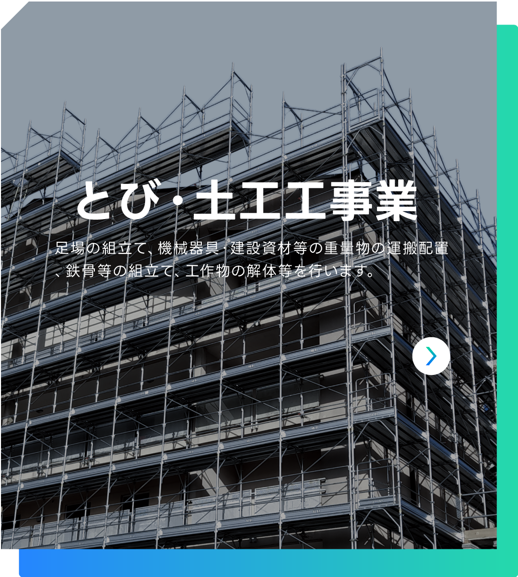 とび・土工工事業 | 足場の組立て、機械器具・建設資材等の重量物の運搬配置、鉄骨等の組立て、工作物の解体等を行います。
