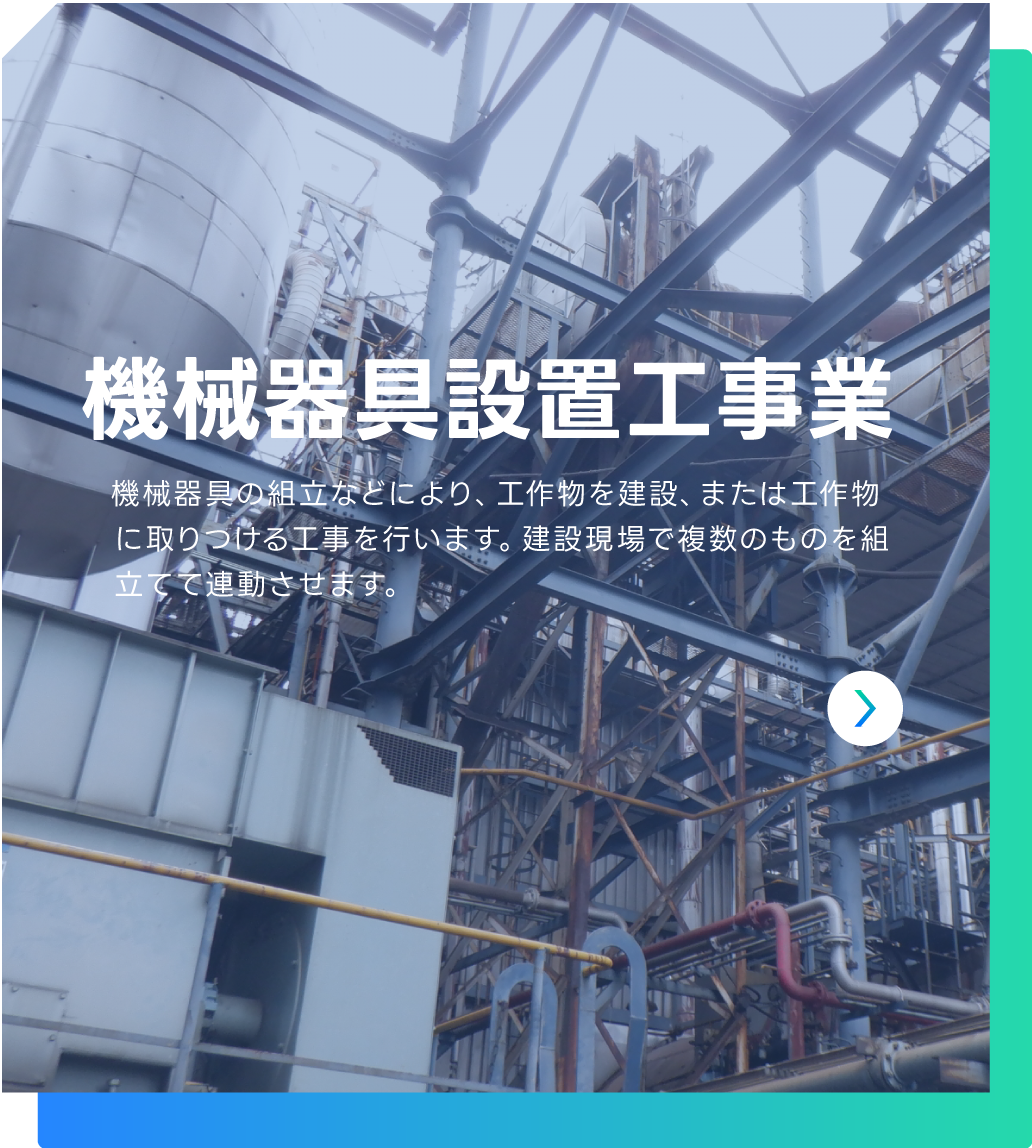 機械器具設置工事業 | 機械器具の組立などにより、工作物を建設、または工作物に取りつける工事を行います。建設現場で複数のものを組立てて連動させます。